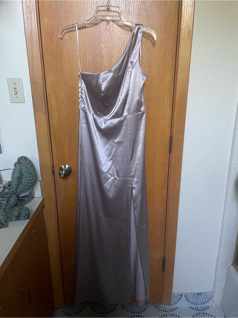 Birdie Grey Satin One-Shoulder Evening Dress - Taupe